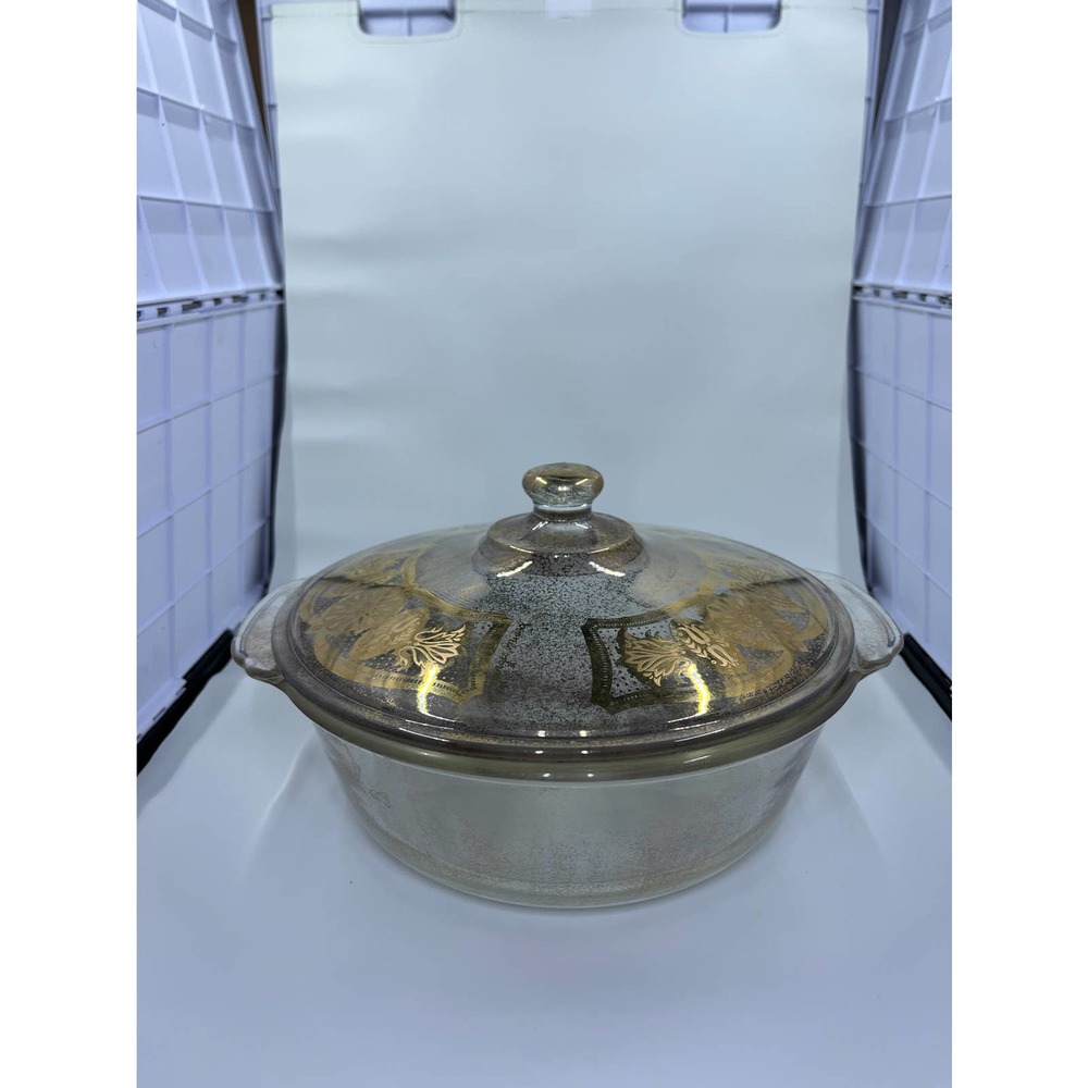 Vintage Fire-King CULVER CORONET Covered Casserole Gold on Clear 2 Qt